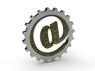 Dog, e-mail symbol image of metal, gold, silver and iron in a gear. Different colors, red, blue, green.  The idea of an Internet communication mechanism. 3D rendering isolated on white background