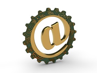 Dog, e-mail symbol image of metal, gold, silver and iron in a gear. Different colors, red, blue, green.  The idea of an Internet communication mechanism. 3D rendering isolated on white background