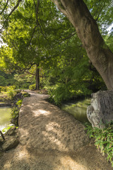 Large stone bridge named Togetsu bridge on a pond under a big mapple tree in the garden of Rikugien in Tokyo in Japan.