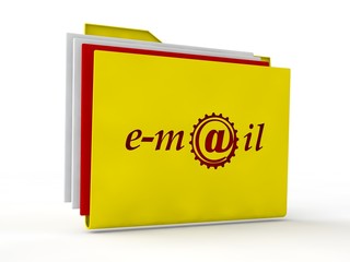 Yellow envelope, email symbol with attached files. Sign the dog is in the cog on the envelope and e-mail text, the red color Image isolated on a white background. 3D rendering