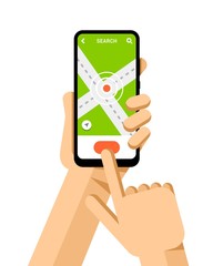 Hand holds the smartphone with navigation application on the screen. Flat vector modern phone mock-up illustration