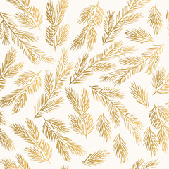 Golden winter pattern with fir branches. Decorative New Year background. 