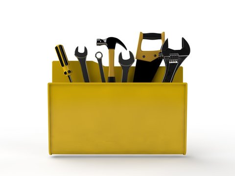 Yellow envelope e-mail with the tool kit, wrenches, screwdrivers, a hammer and a saw. Internet service, computer repair. 3D rendering, isolated illustration, image on white background.