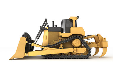 Massive powerful yellow hydraulic bulldozer isolated on white background mooving from right to left. 3D illustration. Side view. © Evgenii Iakovenko