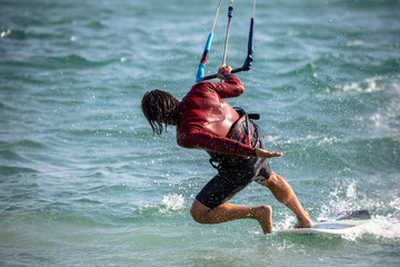 Kitesurfers on the water in Tarifa, Cadiz, Spain. 