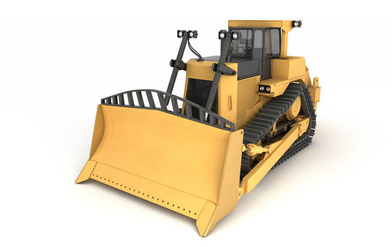 Massive powerful yellow hydraulic bulldozer isolated on white background. 3D illustration. Perspective. Front high angle view