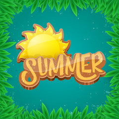 vector summer label paper art syle on green foliage background . Summer beach party poster, flyer or banner design template.