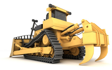 Massive powerful yellow hydraulic bulldozer isolated on white background. 3D illustration. Fish eye lens. Rear view