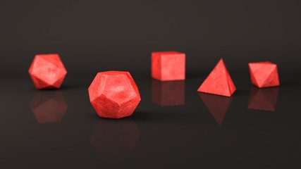 Group, set of geometric shapes, Platonic body, polyhedra, polygonal red objects made of red material, glass, metal and stone. Illustration, abstract image. 3D rendering