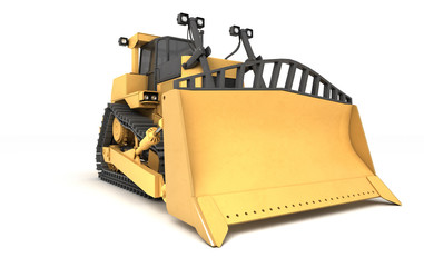 Massive powerful yellow hydraulic bulldozer isolated on white background. 3D illustration. Wide angle. Front view © Evgenii Iakovenko
