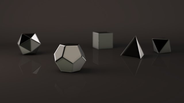 Group, set of geometric shapes, Platonic body, polyhedra, polygonal objects of precious metal, silver, platinum, iron, chrome. Illustration, abstract, background picture of reflections. 3D rendering - Powered by Adobe