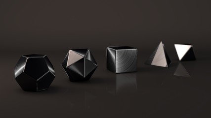 Group of Platonic bodies, black polished metal with reflections. Precious metal Polygon shapes, the...
