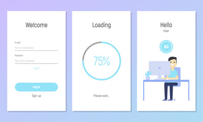 Mobile app template. Login form, loading bar. Concept of mobile app template. Flat design. Vector illustration.