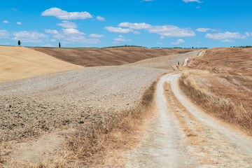Tuscany holidays. Italy holidays tuscany. Summer landscape in Tuscany with fields, blue sky, cypress and road, Italy, Europe. Vacation in beautiful Italy.
