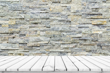 wood plank with abstract stone brick wall background for product display