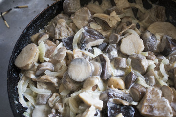 Sour cream sauce with mushrooms and onion. Very appetizing and delicious broth with mushrooms. Macro of food. Useful and sports nutrition for every day