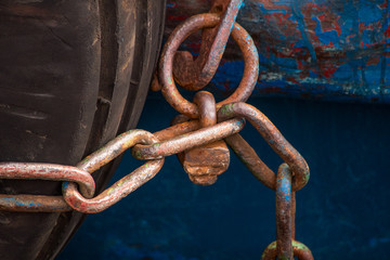 Rusty chain with padlock is close