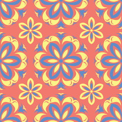 Floral red seamless pattern. Bright colored background with yellow and blue flower elements