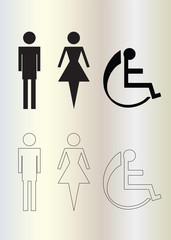 wc icons - toilet man and woman figures - wheelchair icon vector - black silhouette and sketch icons