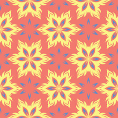 Flower design seamless pattern. Bright yellow and blue flower elements on salmon red background