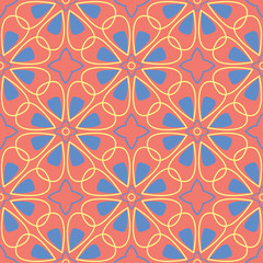 Geometric seamless pattern. Bright red background with blue and yellow design