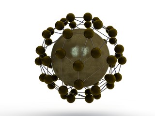 Illustration of bronze spherical molecular lattice with Golden ball in the center on white...