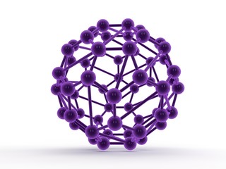 Illustration of a purple spherical molecular lattice with the ball in the center on a white background. The molecule shines. The idea of development of medicine and nanotechnology. 3D rendering