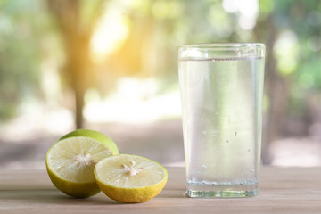 Fresh soda lemon in a Glass with Lemon Slices. Soda lemon juice.