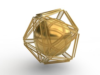 Golden sphere, a ball in a grid of gold, a polyhedron, a polygonal figure. The idea of beauty and mystery. 3D rendering