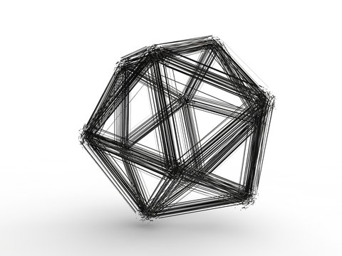 The explosion of multifaceted polygonal geometric shapes on many pieces, the fragments in space. The atomic lattice. Illustration on white background, riddle, 3D rendering