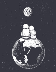 astronaut girl and boy looks to Moon from Earth.Love in space.Romantic vector illustration