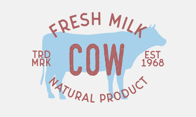 Fresh milk. Vintage logo, retro poster for meat shop, restaurant. Cow silhouette. Logo template. Vector Illustration