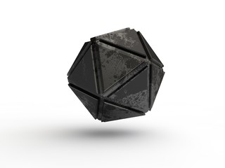 Icosahedron black with spots, iron, abstract geometric shape image isolated on white background. Illustration of the idea. 3D rendering
