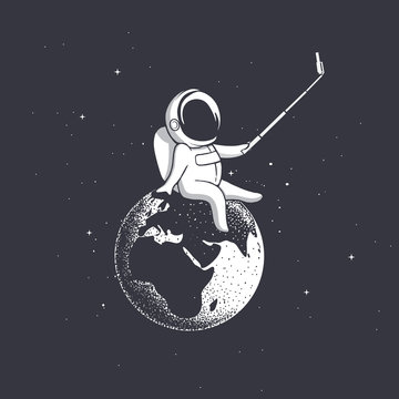 astronaut photographs himself on Earth.Prints design.Vector illustration