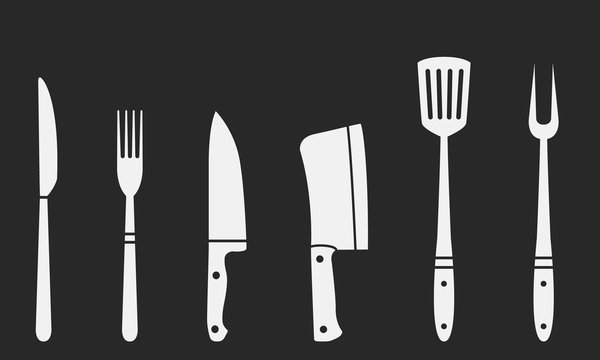 Butcher knives, grill fork and spatula. Fork and knife, meat knife, cleaver, chef, bbq fork. Butcher knives. Set of restaurant and barbecue icons. Vector Illustration