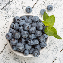 Blueberries in a bowl, top view.