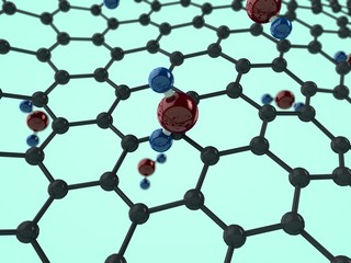 Illustration of graphene water filter with water molecules. Graphene crystal lattice. The idea of purity, ecology, health. 3D rendering on blue background.