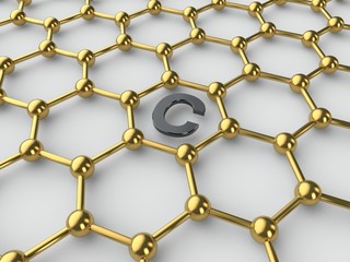 Illustration of a gold crystal lattice of graphene with the symbol of carbon, graphene film. The idea of the prospect of graphene technologies. The isolated image on a white background. 3D rendering