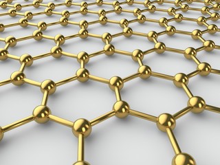 Illustration of the Golden crystal lattice of graphene, graphene film. The idea of the prospect of graphene technologies. The isolated image on a white background. 3D rendering