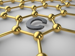 Illustration of a gold crystal lattice graphene, the graphene film with the characters of carbon, with depth of field. The isolated image of the material of the future on white background 3D rendering