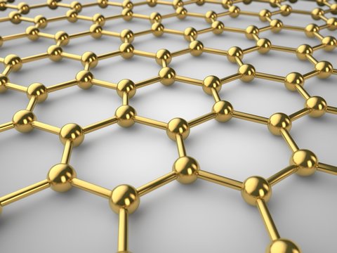 Illustration Of A Golden Graphene Crystal Lattice, Graphene Film With Depth Of Field. The Isolated Image Of The Material Of The Future On White Background. 3D Rendering