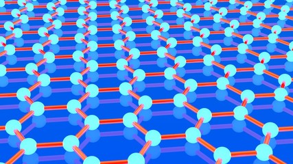 Illustration of graphene molecule, luminous atoms. The crystal lattice of graphene, the molecular form of carbon on a blue background. 3D rendering. Super battery and superconductor of the future.