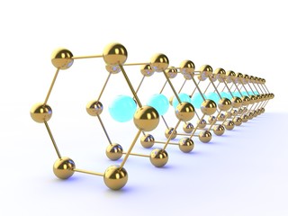 Obraz premium Illustration of a Golden hexagon graphene molecule. The idea of heavy-duty material, advanced technology. Graphene tunnel. 3D rendering. Super battery and superconductor of the future.