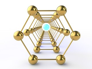Illustration of a Golden hexagon graphene molecule. The idea of heavy-duty material, advanced technology. Graphene tunnel. 3D rendering. Super battery and superconductor of the future.