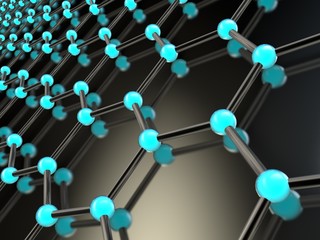 Illustration of a graphene crystal lattice with luminous carbon atoms, on a black surface. The idea of hydrocarbon nanotechnology. 3D rendering