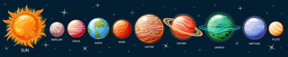 Planets of the solar system. Sun, Mercury, Venus, Earth, Mars, Jupiter, Saturn, Uranus, Neptune, Pluto