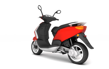 Obraz premium 3D Rendering of red modern motor scooter isolated on white background. Rear side view of red moped. Perspective. Left side view.