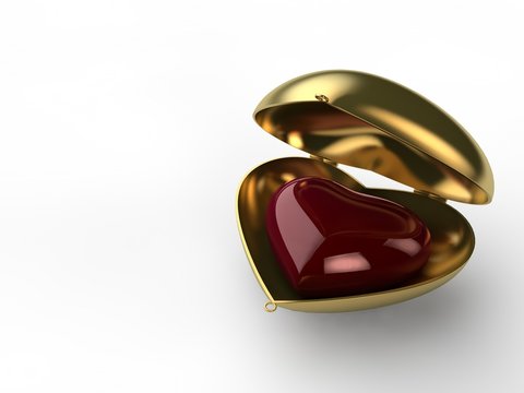 The image of the open the Golden box in the shape of heart with red heart inside. Idea for holiday, Valentine, loyalty and love. 3D rendering, isolated on white background. Illustration