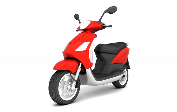 Fototapeta 3D Rendering of red modern motor scooter isolated on white background. Front side view of red moped. Perspective. Left side view.