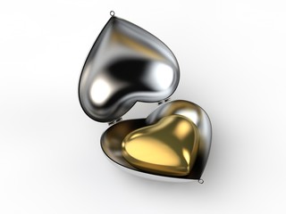 A silver box in the shape of a heart with a heart of gold inside. The idea for the Valentine holiday, store loyalty and love. 3D rendering, isolated on white background. Illustration